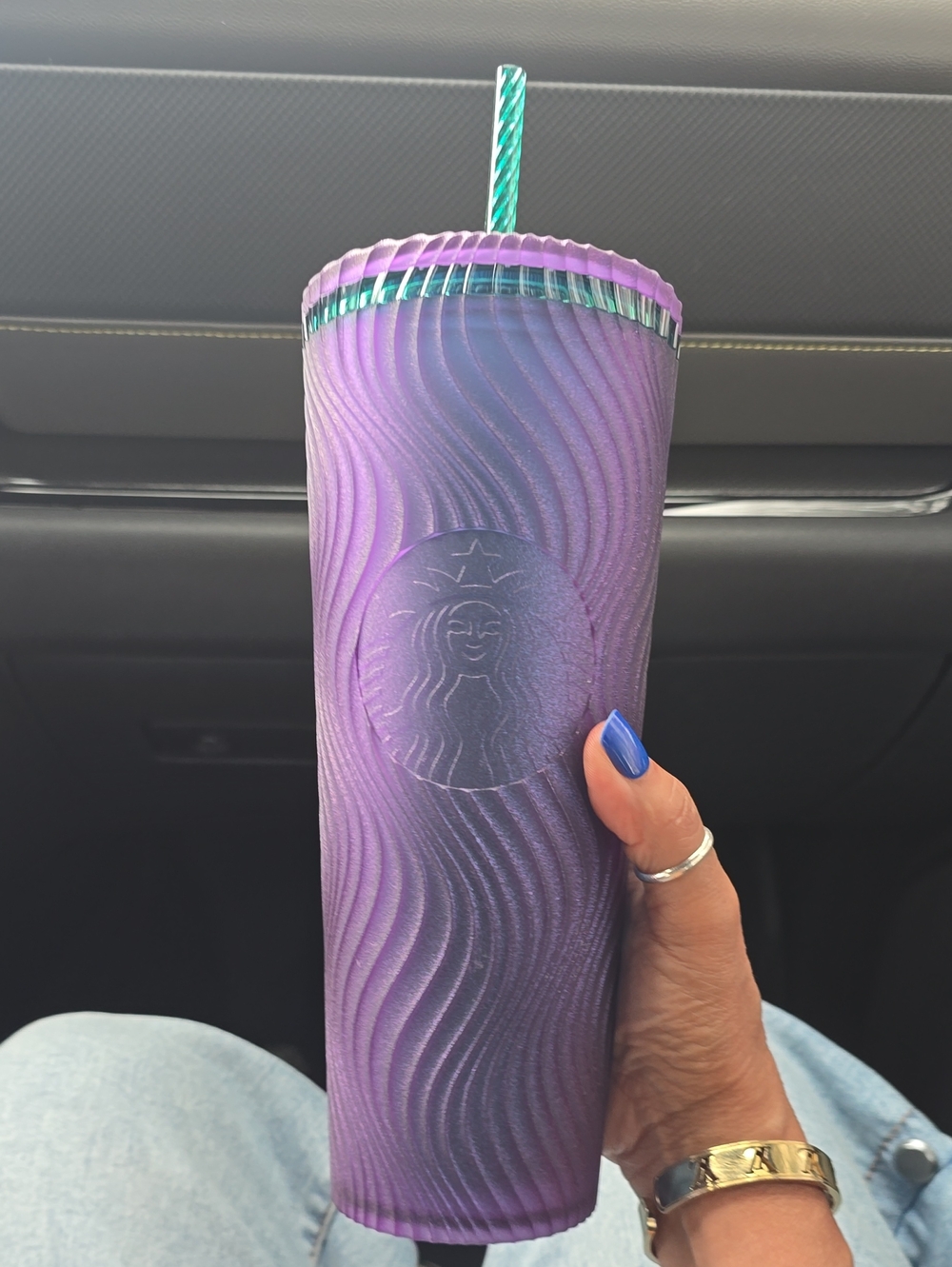 💜Starbucks 2025 Purple Green Swirl Iridescent Textured Tumbler with Green Straw